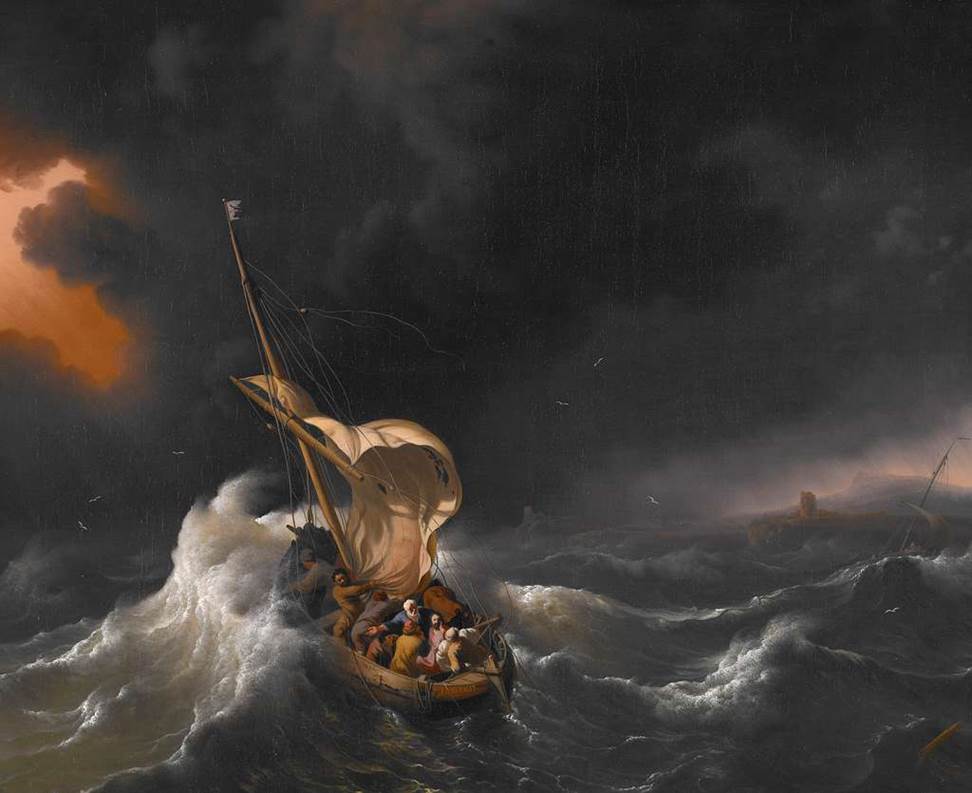 Jesus and other men in a boat on a turbulent sea