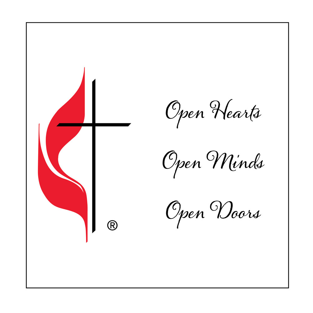 Open Hearts, Open Minds, Open Doors with Cross and flame logo